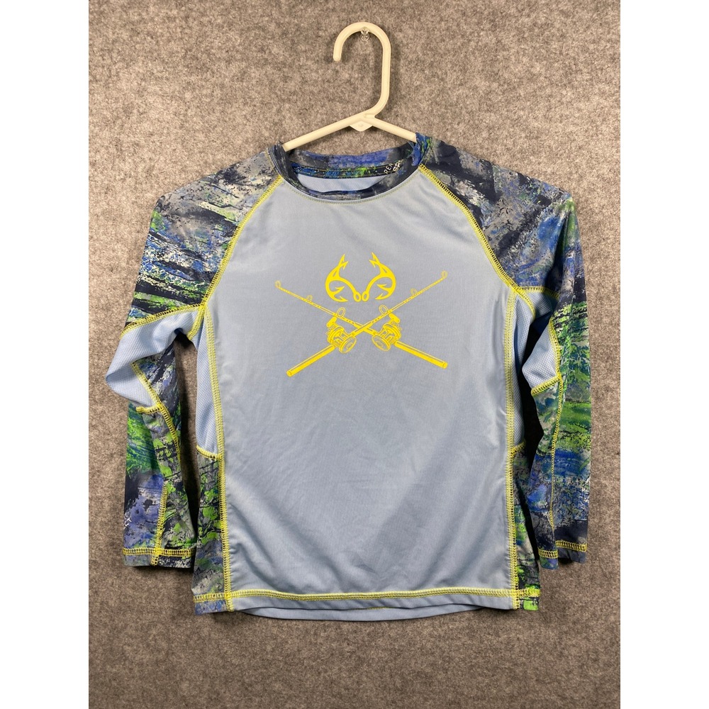 Realtree Fishing Boys Small Blue Camo Performance Shirt Long Sleeve Rash Guard